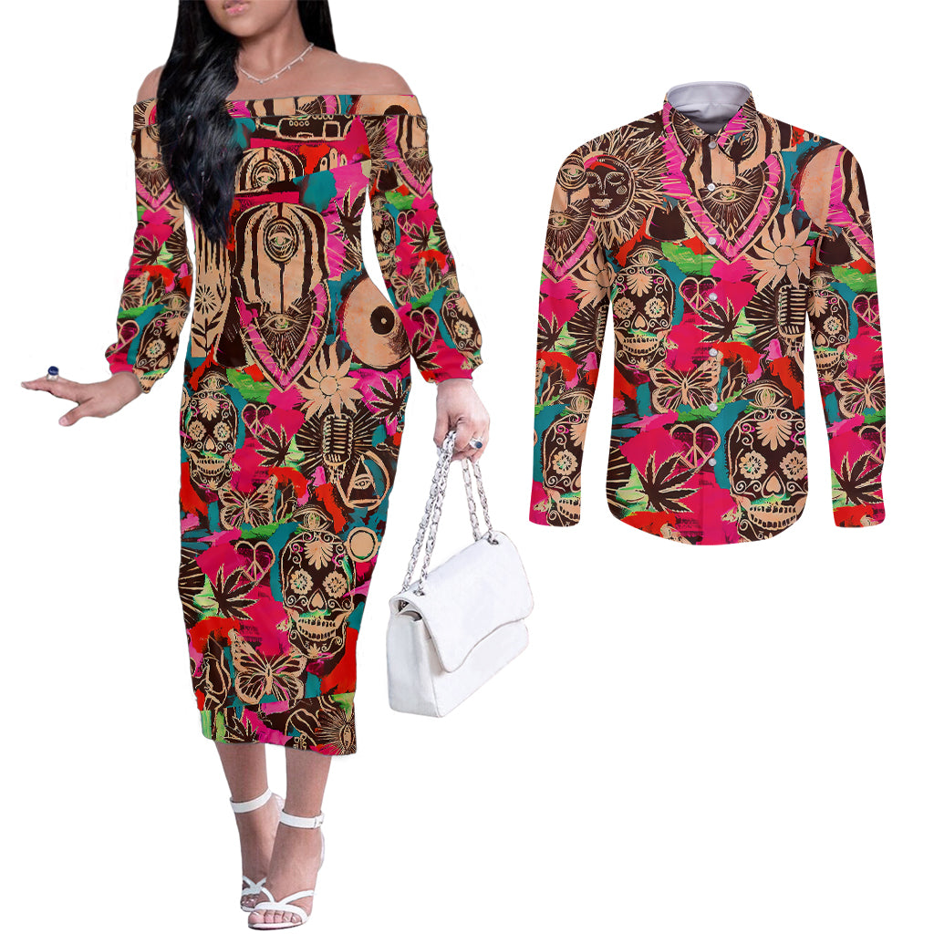 festival-memories-skull-couples-matching-off-the-shoulder-long-sleeve-dress-and-long-sleeve-button-shirts
