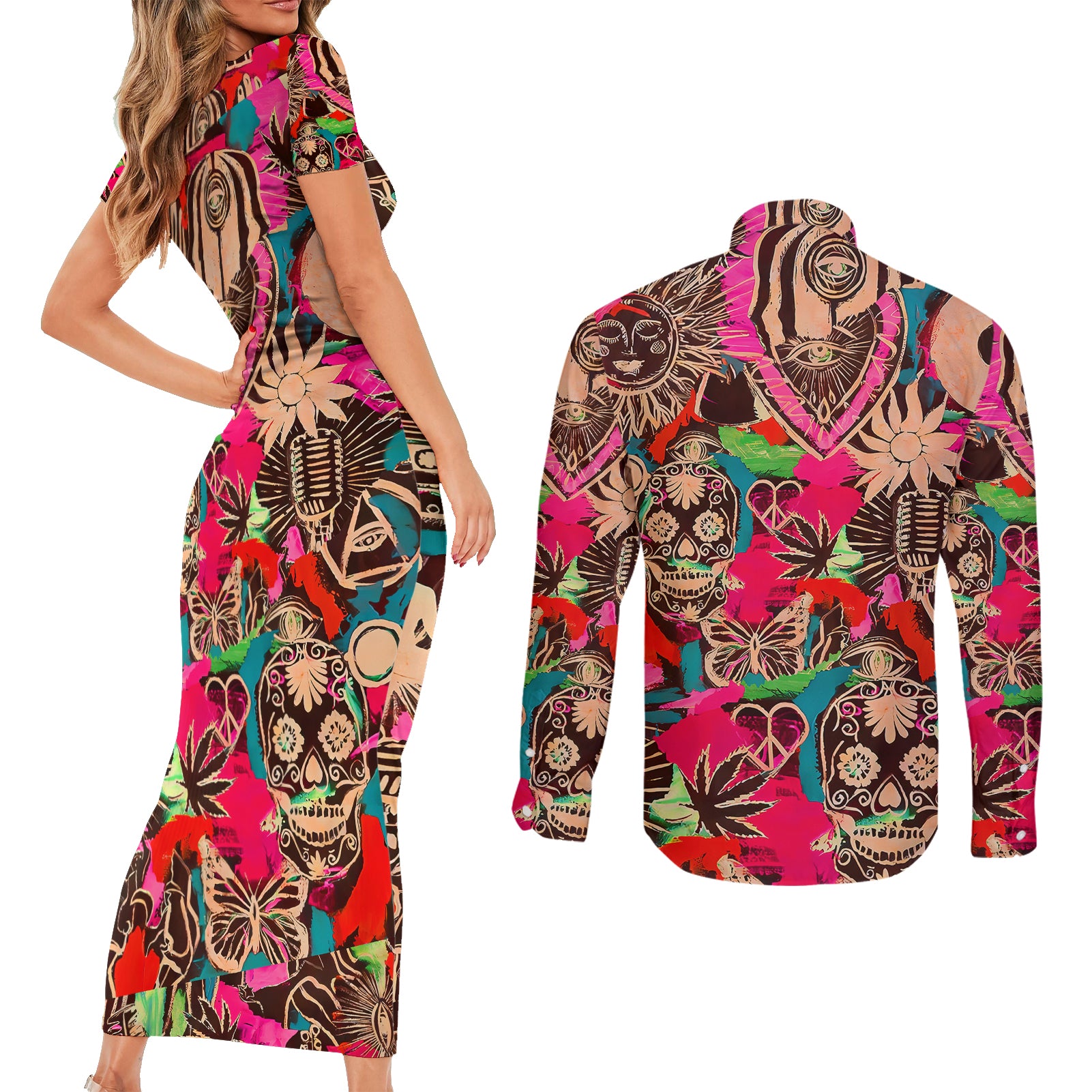 festival-memories-skull-couples-matching-short-sleeve-bodycon-dress-and-long-sleeve-button-shirts