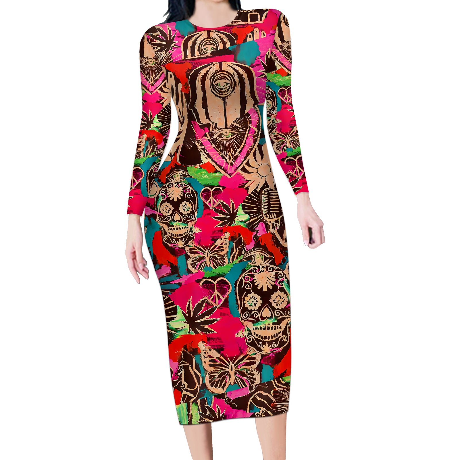 festival-memories-skull-long-sleeve-bodycon-dress