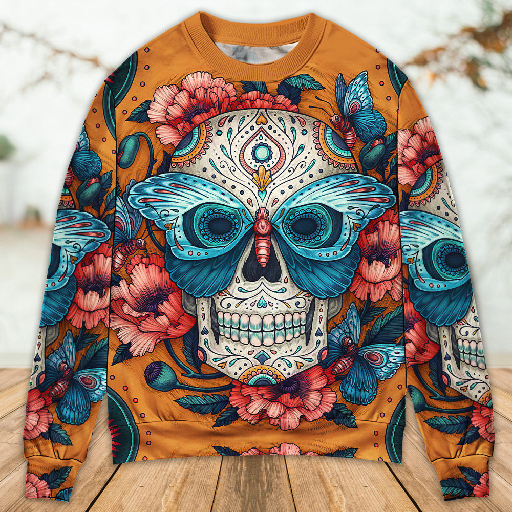Skull And Butterfly Abstract Vintage Colorful Ugly Christmas Sweaters