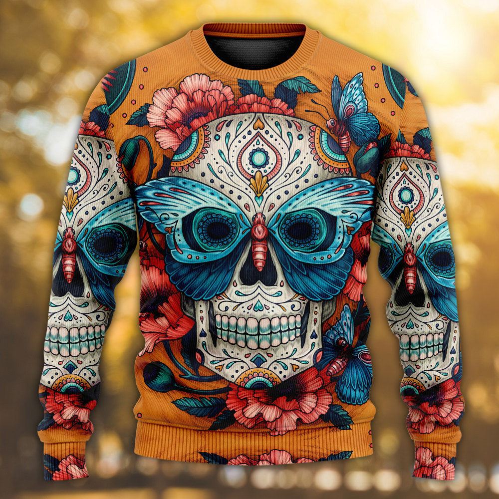 Skull And Butterfly Abstract Vintage Colorful Ugly Christmas Sweaters