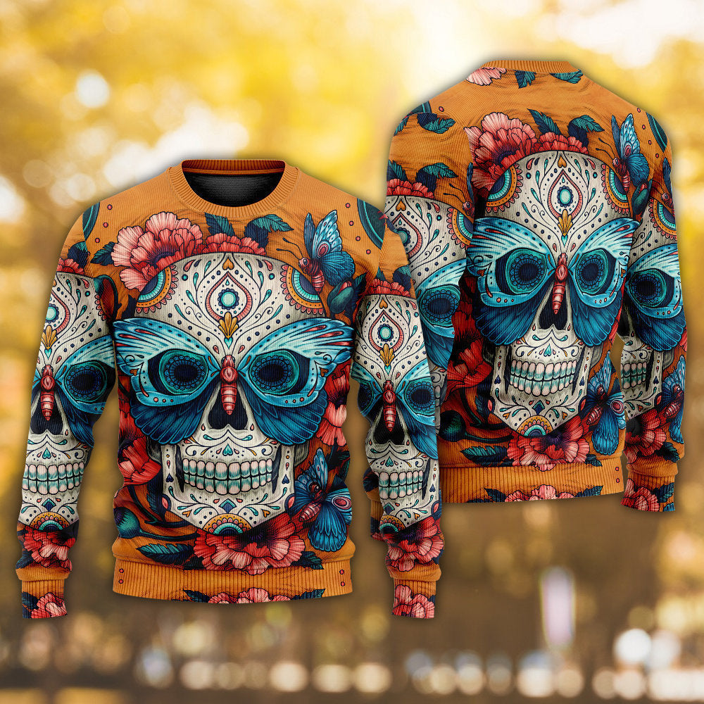 Skull And Butterfly Abstract Vintage Colorful Ugly Christmas Sweaters