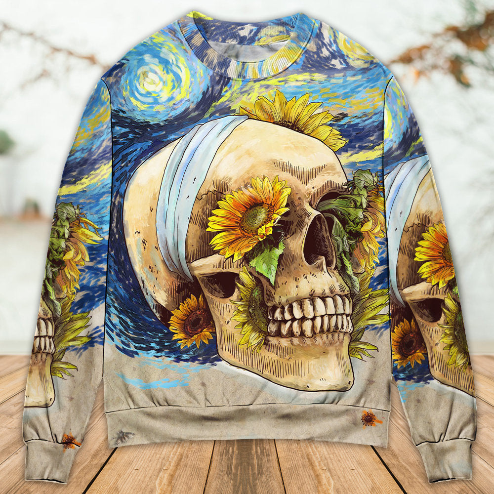 Skull And Sunflower Vintage Amazing Starry Night Ugly Christmas Sweaters