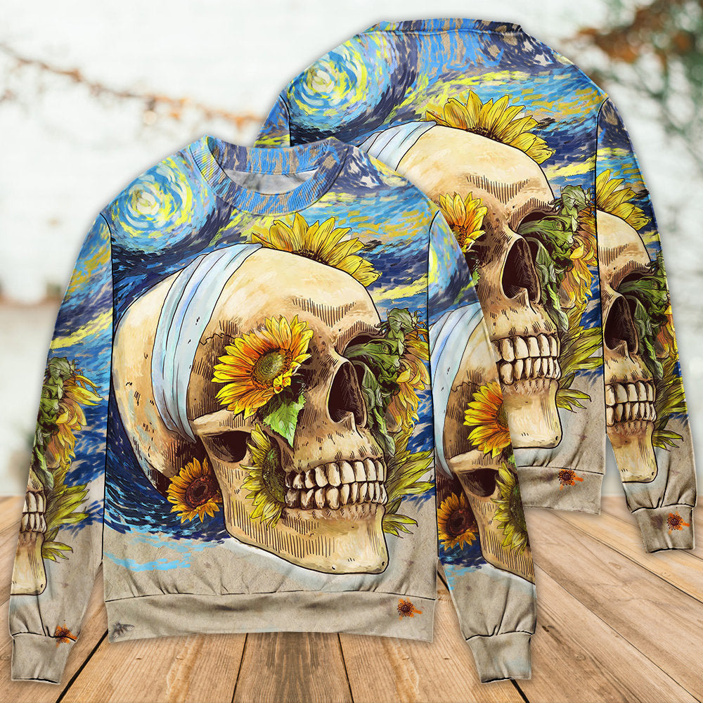 Skull And Sunflower Vintage Amazing Starry Night Ugly Christmas Sweaters