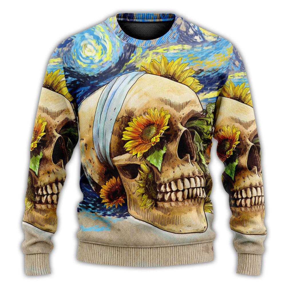 Skull And Sunflower Vintage Amazing Starry Night Ugly Christmas Sweaters