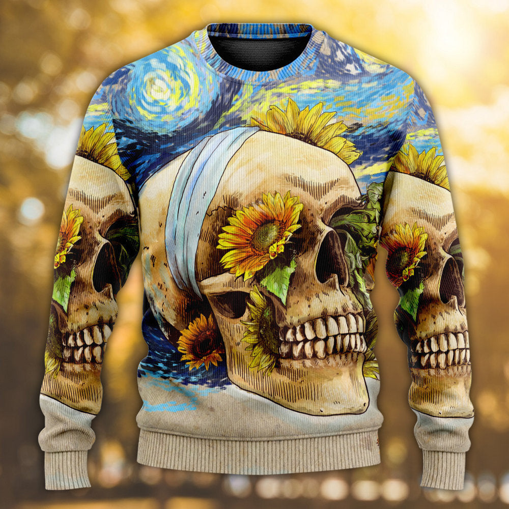 Skull And Sunflower Vintage Amazing Starry Night Ugly Christmas Sweaters