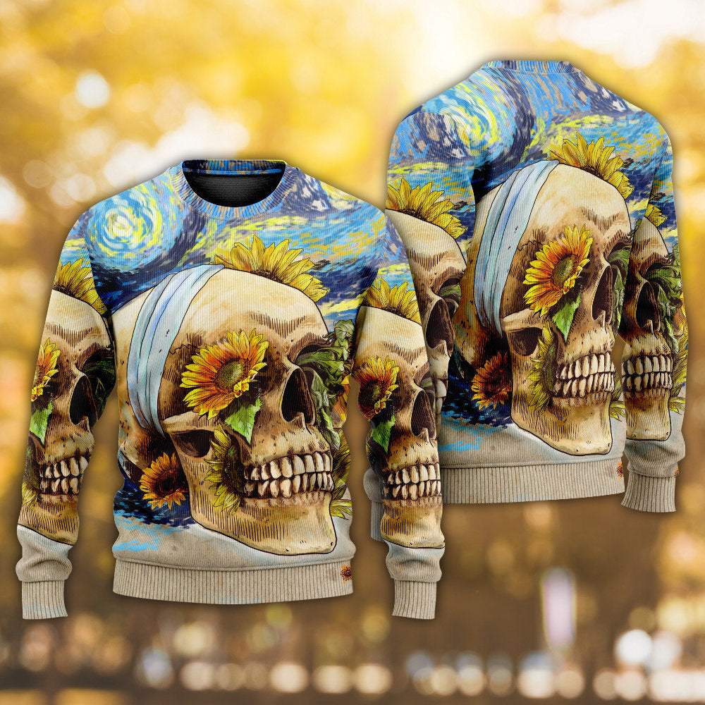 Skull And Sunflower Vintage Amazing Starry Night Ugly Christmas Sweaters