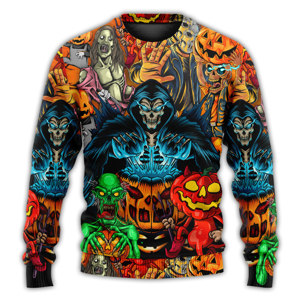 Halloween Scary Skull Pumpkin Horror Art Style Ugly Christmas Sweaters
