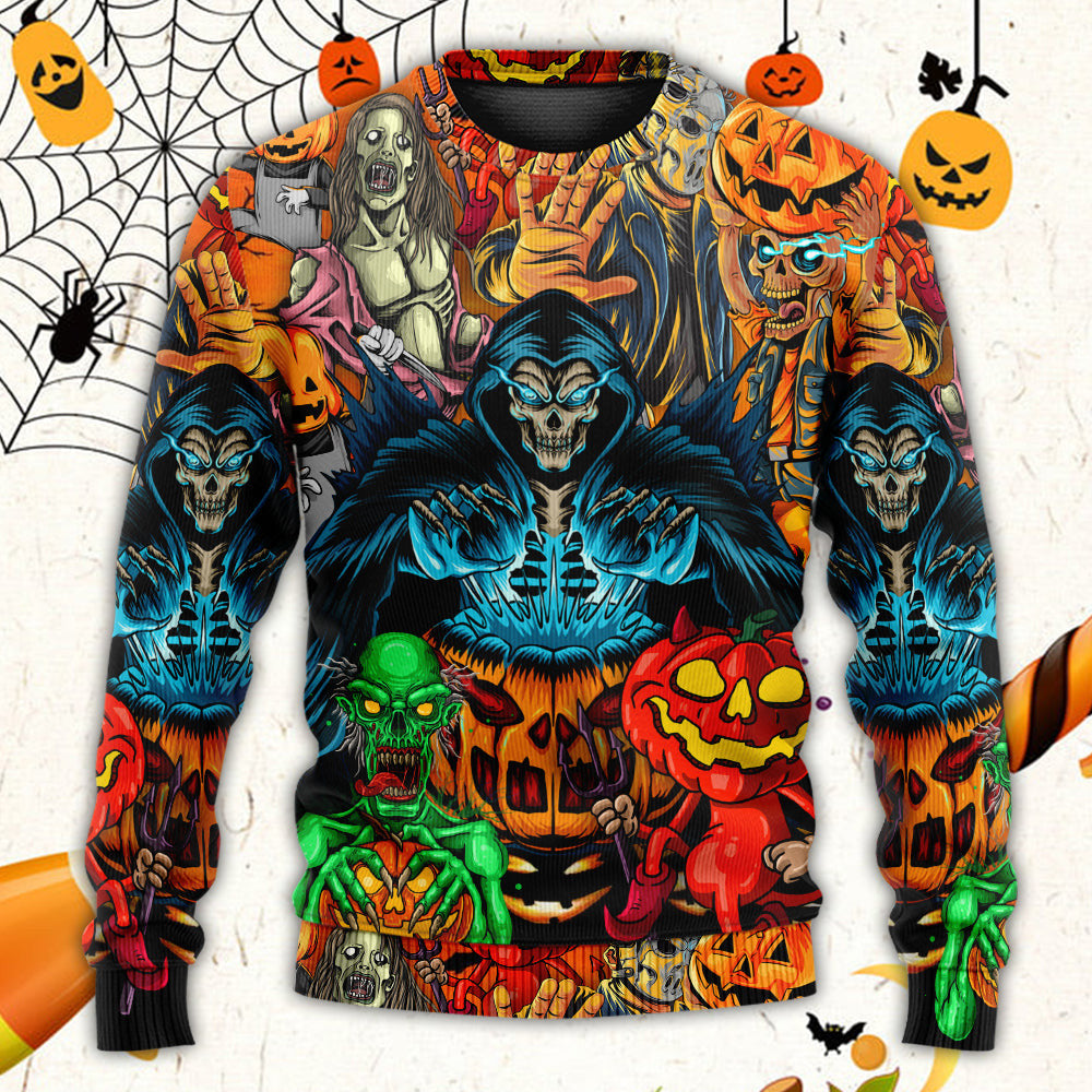 Halloween Scary Skull Pumpkin Horror Art Style Ugly Christmas Sweaters