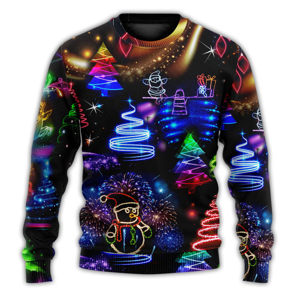 Christmas Neon Art Santa And Snowman Ugly Sweaters