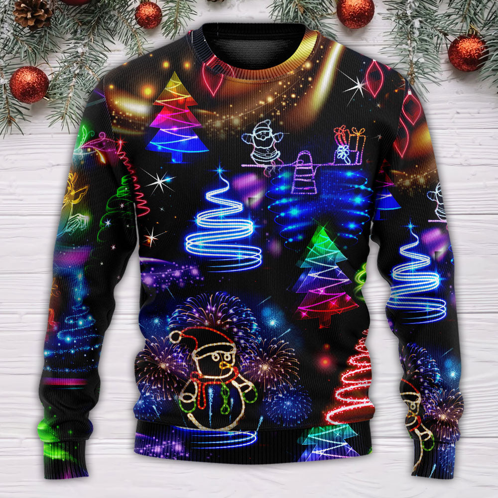 Christmas Neon Art Santa And Snowman Ugly Sweaters