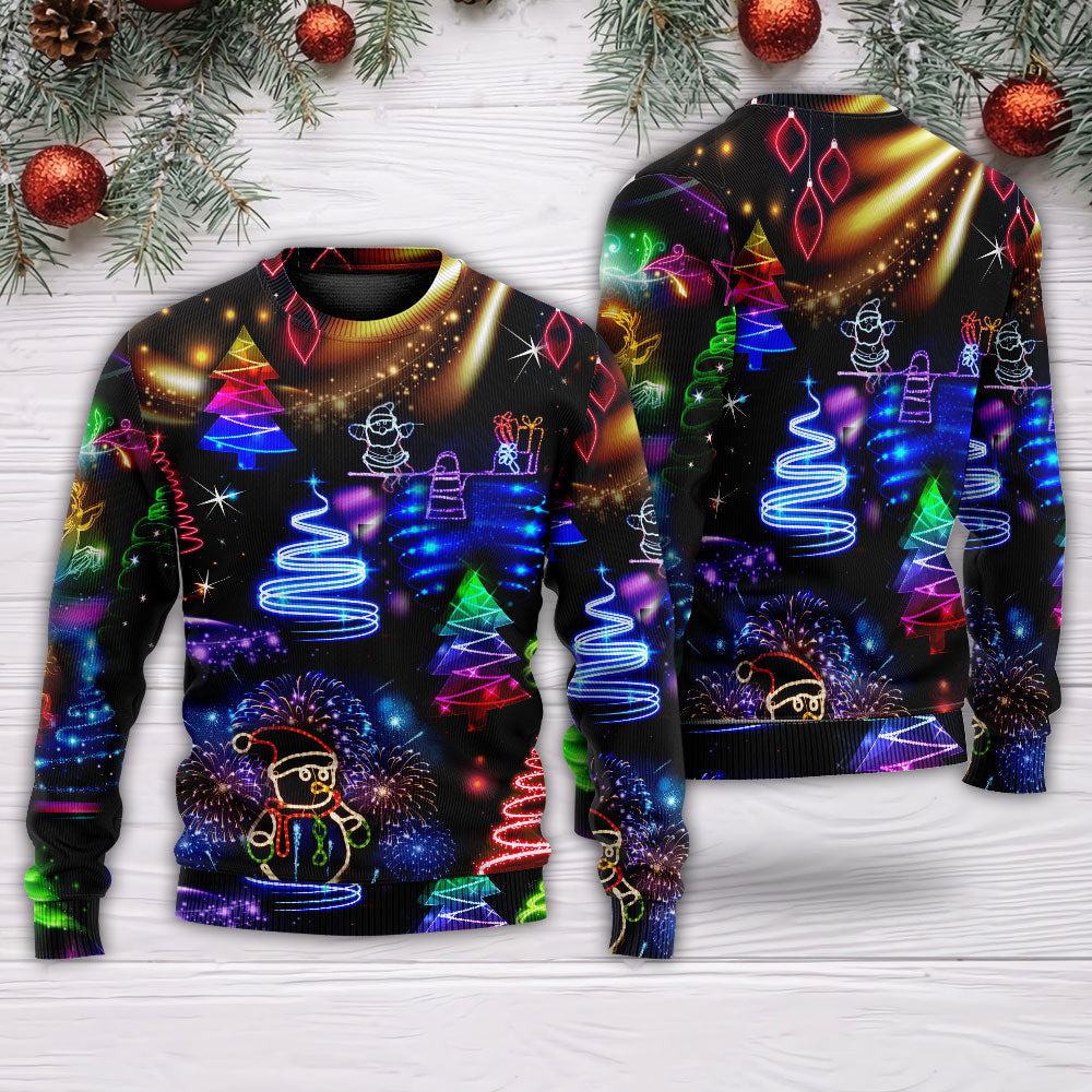 Christmas Neon Art Santa And Snowman Ugly Sweaters