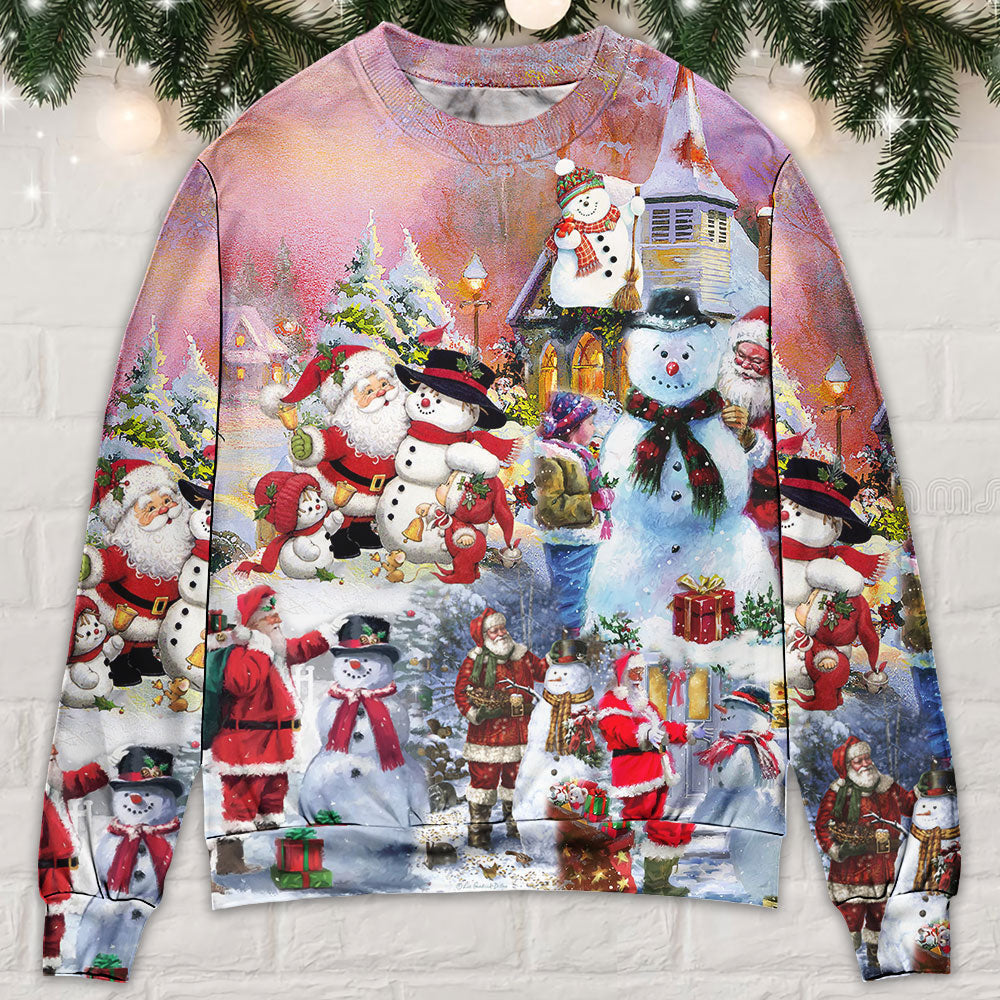 Santa And Snowman Christmas Snow Village Ugly Sweaters