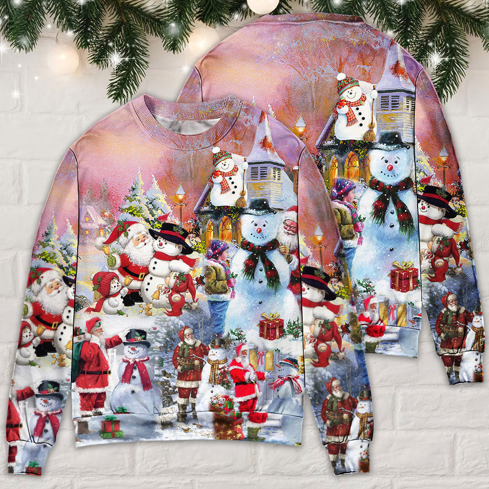 Santa And Snowman Christmas Snow Village Ugly Sweaters