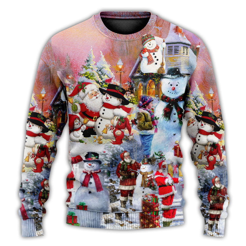 Santa And Snowman Christmas Snow Village Ugly Sweaters
