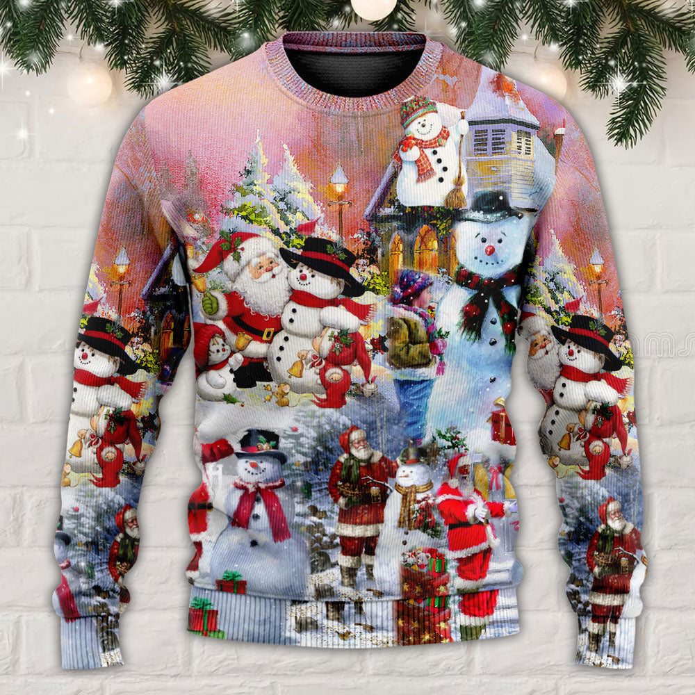 Santa And Snowman Christmas Snow Village Ugly Sweaters
