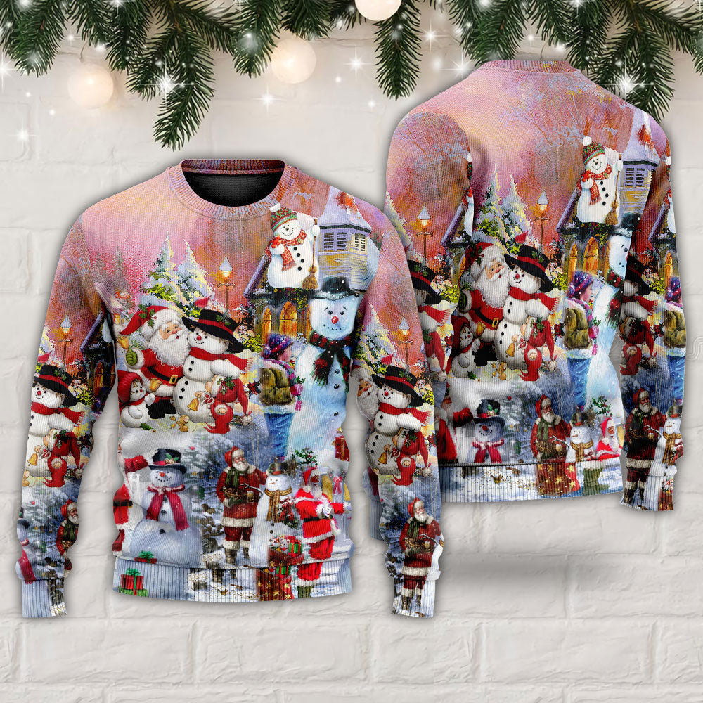 Santa And Snowman Christmas Snow Village Ugly Sweaters