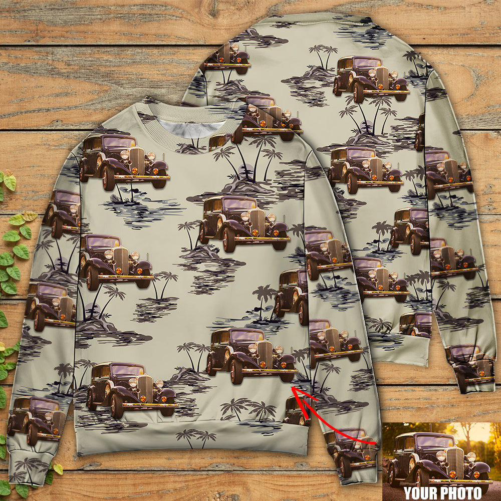 Vintage Car Deserted Island Pattern With Palm Trees Ugly Christmas Sweaters Sweater