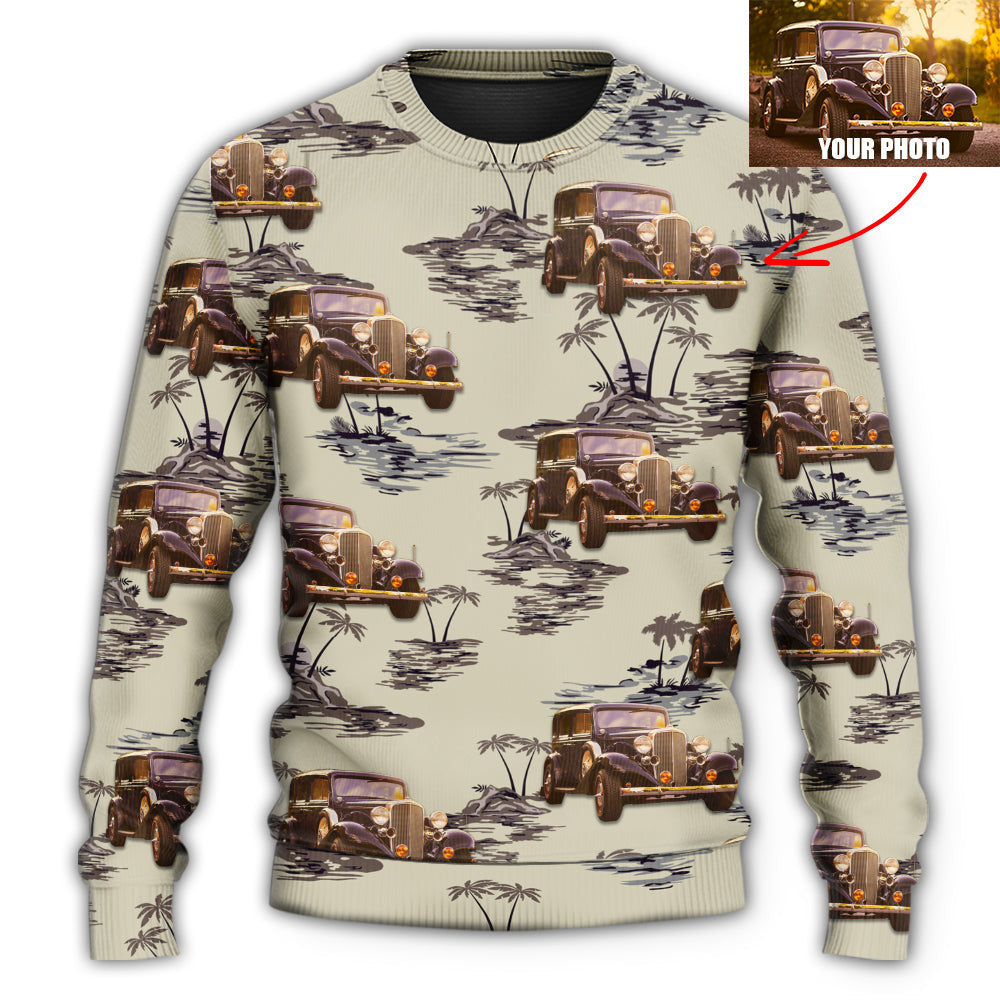 Vintage Car Deserted Island Pattern With Palm Trees Ugly Christmas Sweaters Sweater