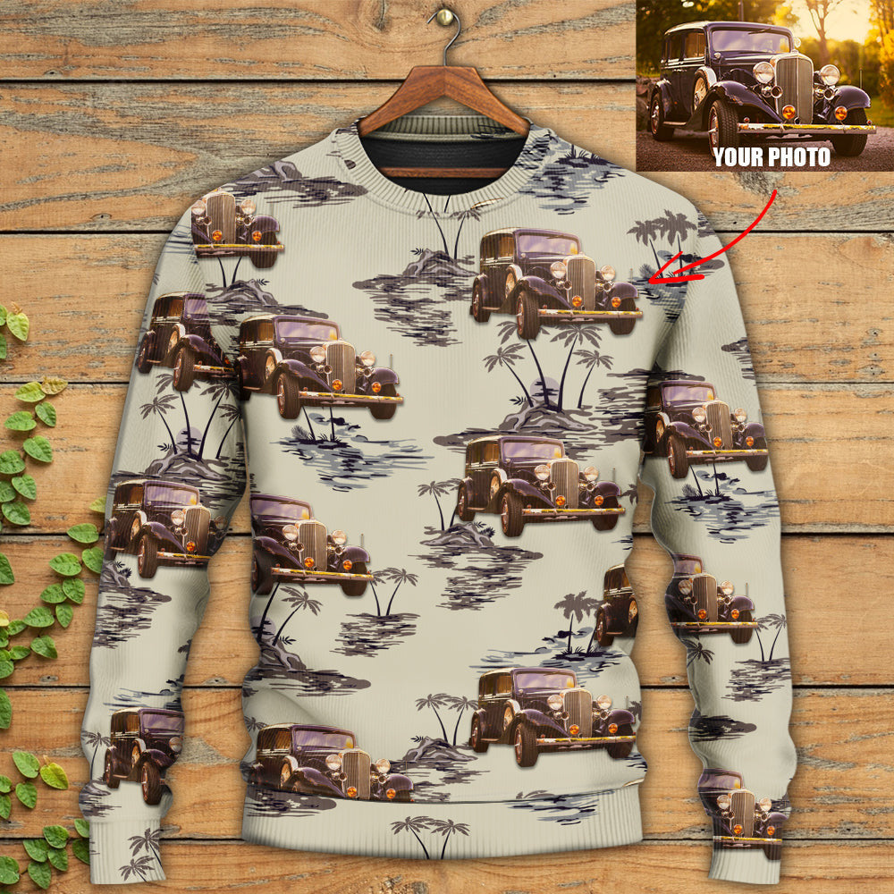 Vintage Car Deserted Island Pattern With Palm Trees Ugly Christmas Sweaters Sweater