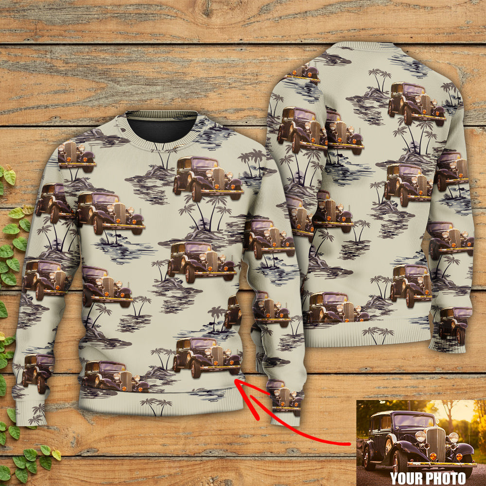 Vintage Car Deserted Island Pattern With Palm Trees Ugly Christmas Sweaters Sweater