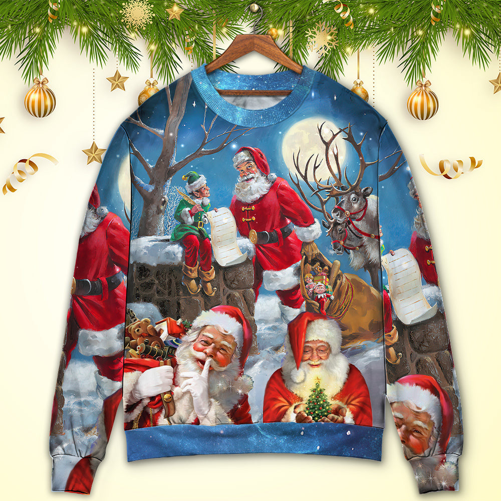 Christmas Funny Santa Claus Elf Xmas Is Coming Blue Sky Art Style Ugly Sweaters