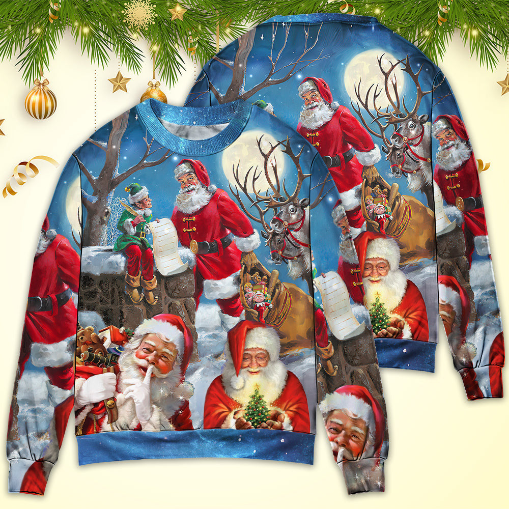 Christmas Funny Santa Claus Elf Xmas Is Coming Blue Sky Art Style Ugly Sweaters