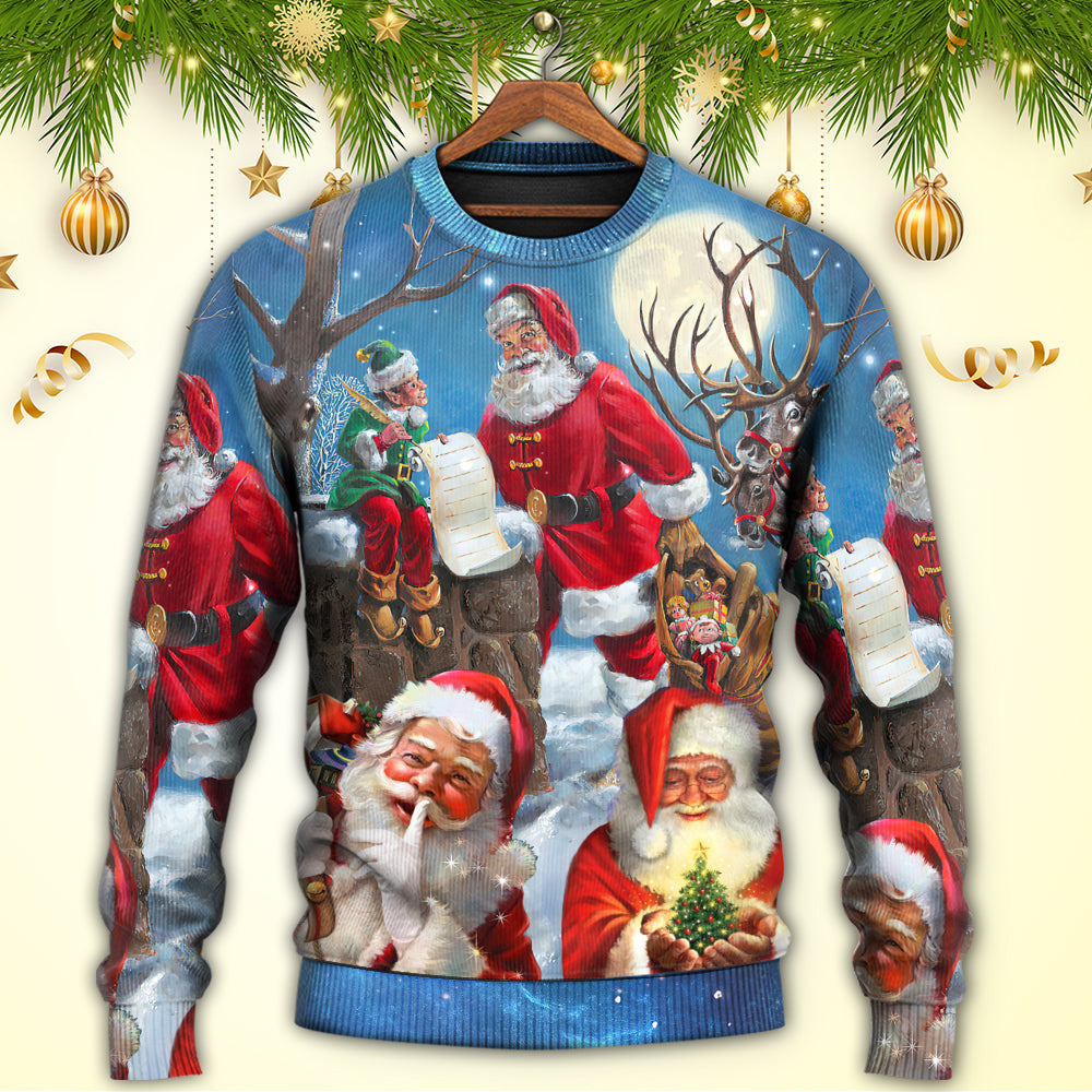 Christmas Funny Santa Claus Elf Xmas Is Coming Blue Sky Art Style Ugly Sweaters