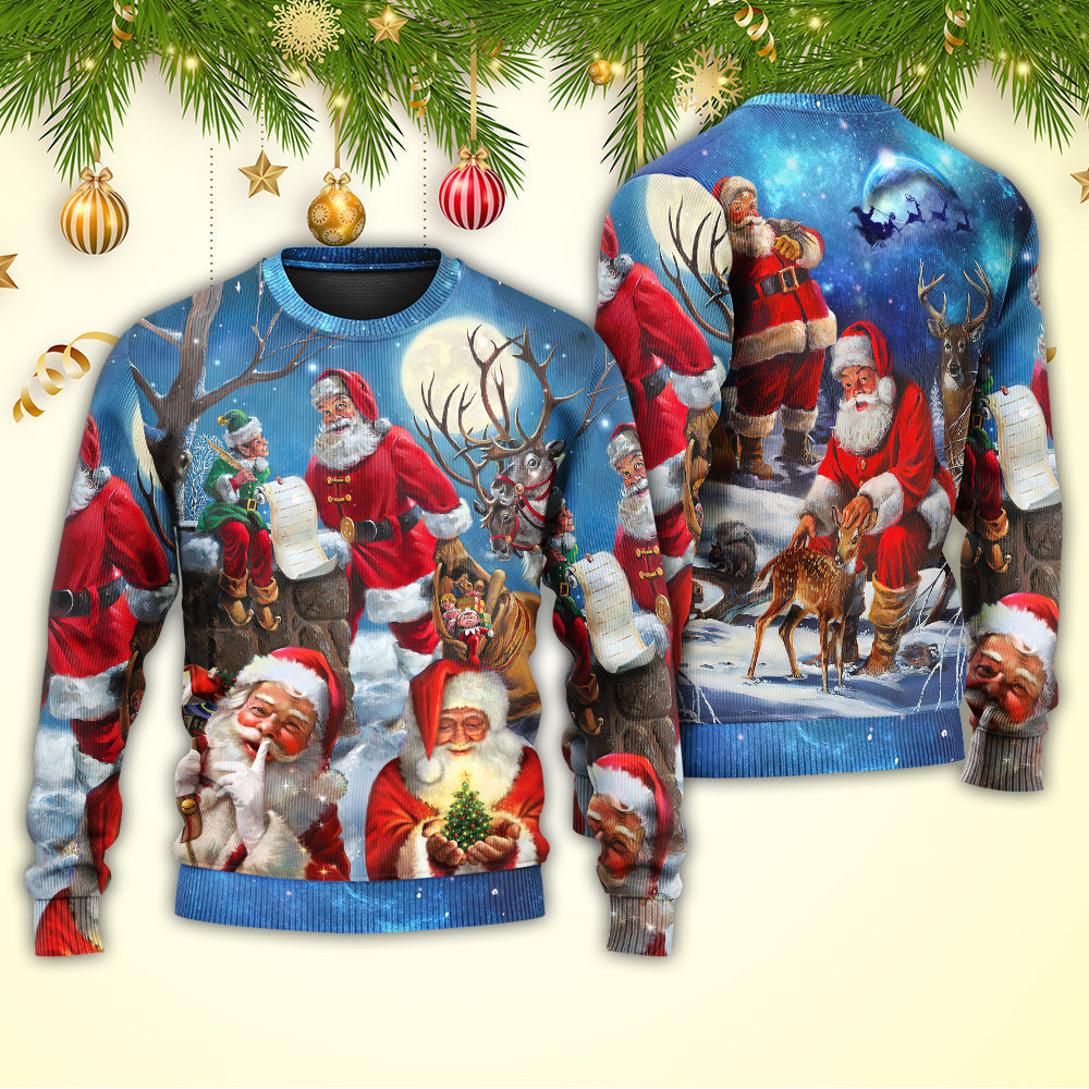 Christmas Funny Santa Claus Elf Xmas Is Coming Blue Sky Art Style Ugly Sweaters