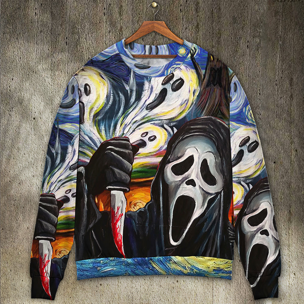 Halloween Ghost Scream Starry Night Funny Boo Art Style Ugly Christmas Sweaters