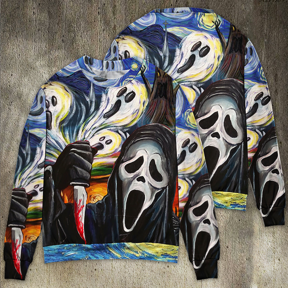 Halloween Ghost Scream Starry Night Funny Boo Art Style Ugly Christmas Sweaters