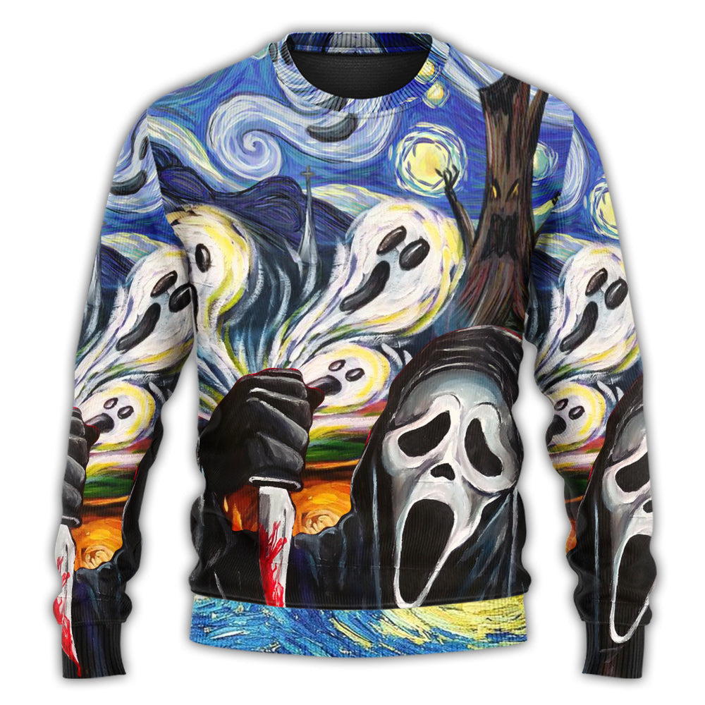Halloween Ghost Scream Starry Night Funny Boo Art Style Ugly Christmas Sweaters