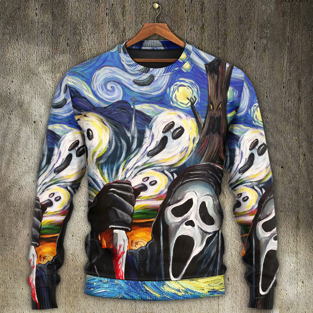 Halloween Ghost Scream Starry Night Funny Boo Art Style Ugly Christmas Sweaters