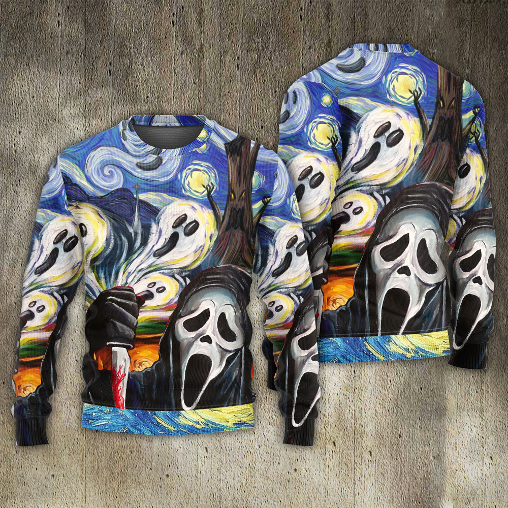 Halloween Ghost Scream Starry Night Funny Boo Art Style Ugly Christmas Sweaters