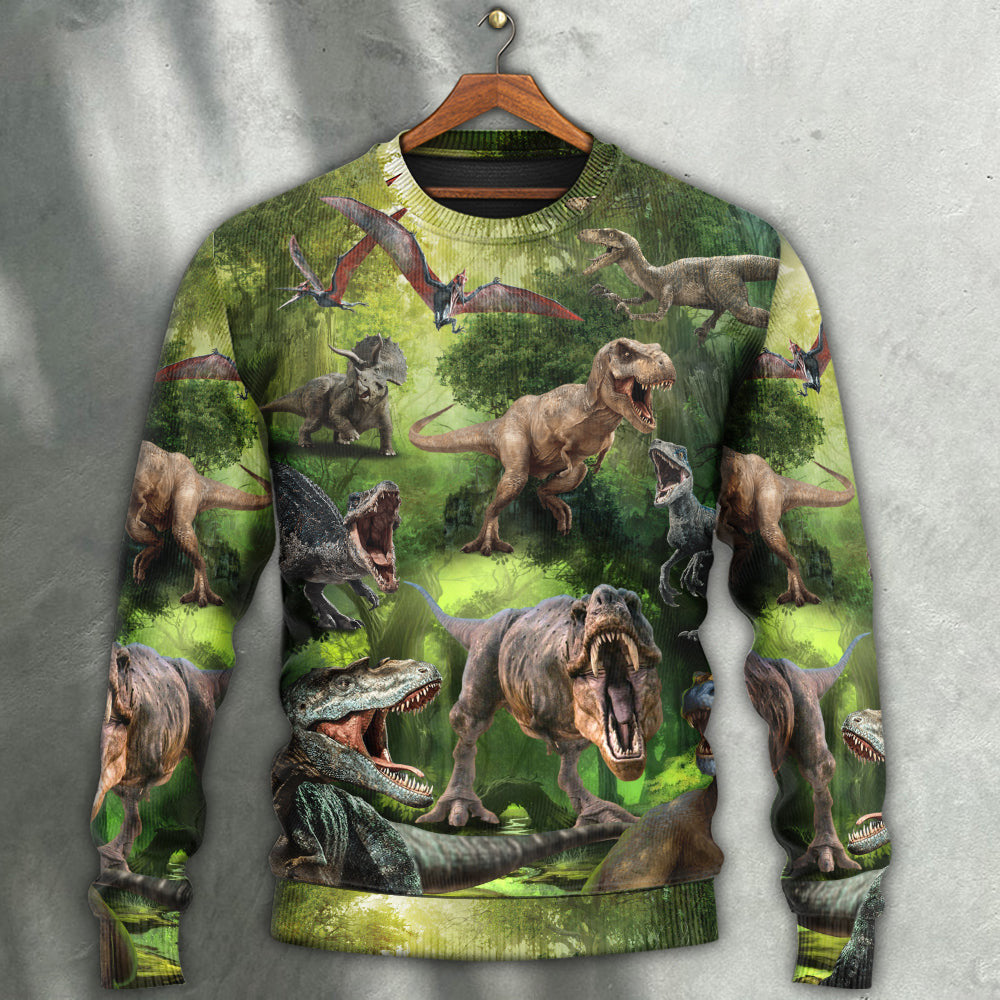 Dinosaur Cool In The Forest Style Ugly Christmas Sweaters