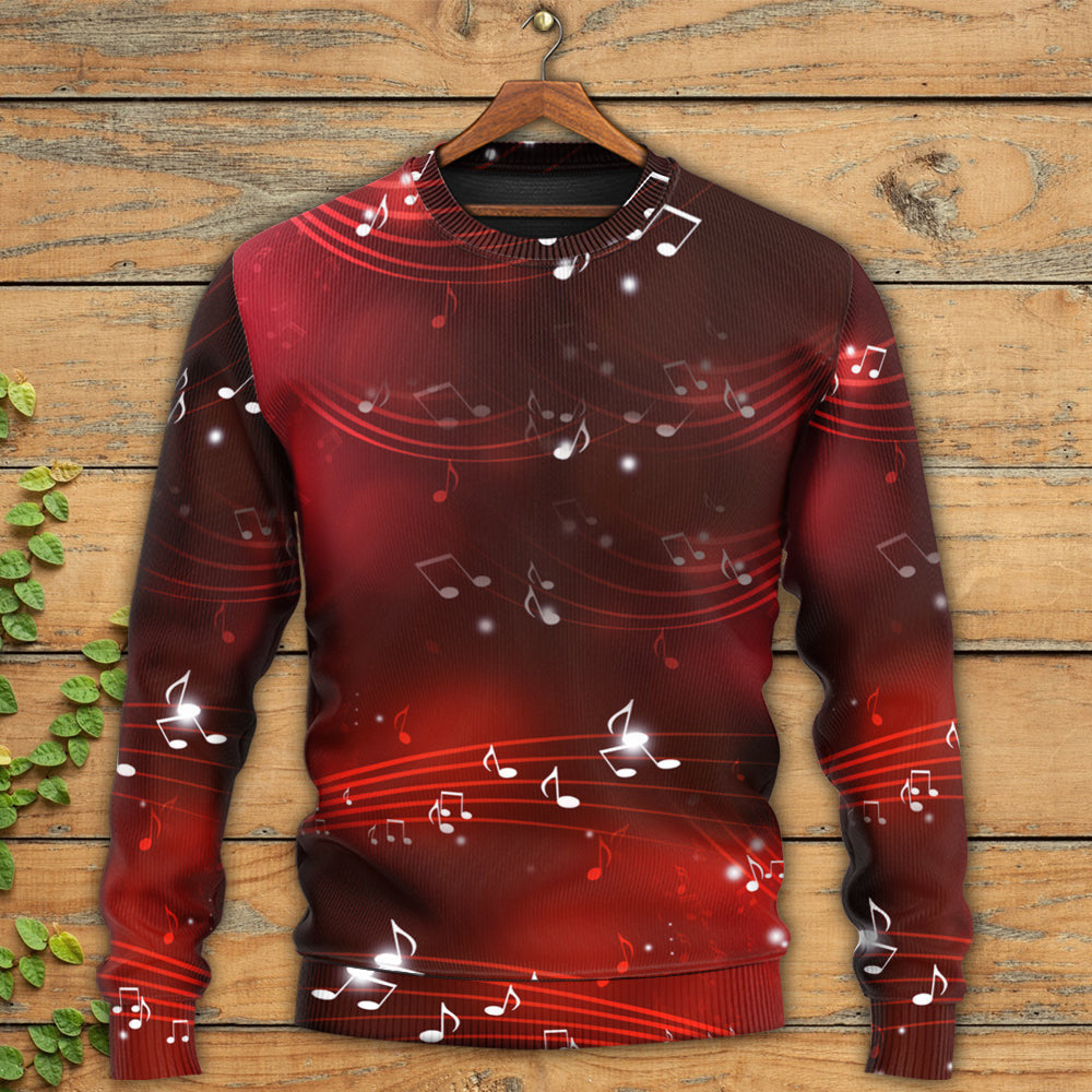 Music Musical Notes And Blurry Lights On Dark Red Ugly Christmas Sweaters