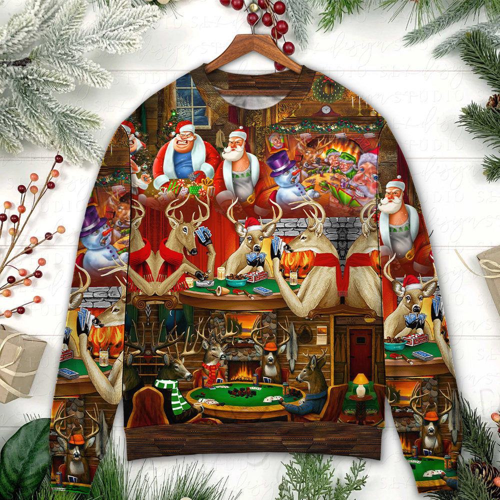Christmas Poker Gambling Santa And Friends Play Ugly Sweaters