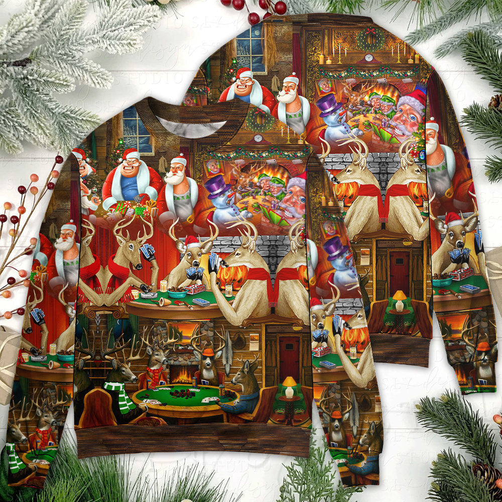 Christmas Poker Gambling Santa And Friends Play Ugly Sweaters