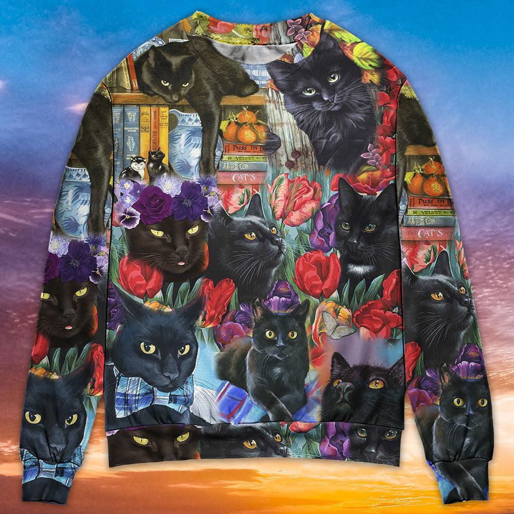 Black Cat Art With Flowers Ugly Christmas Sweaters