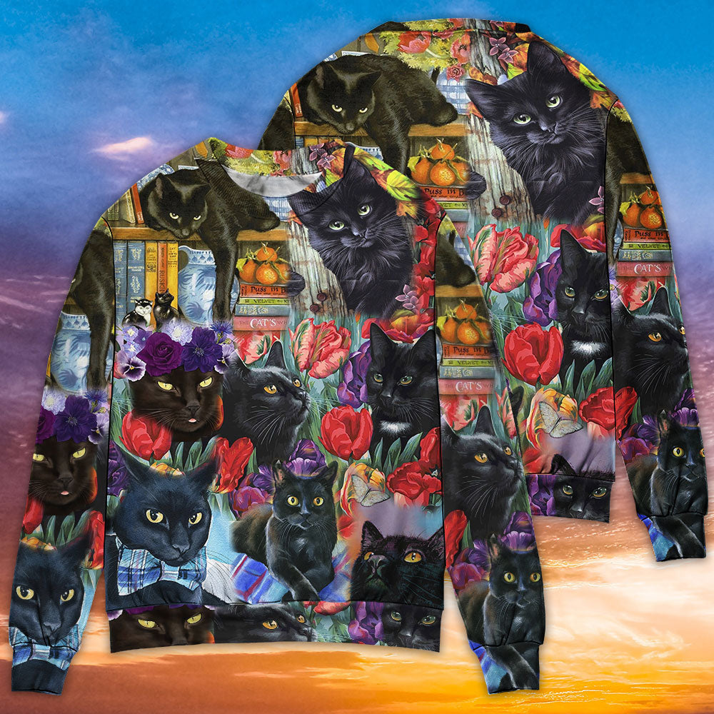 Black Cat Art With Flowers Ugly Christmas Sweaters