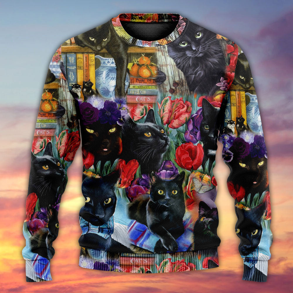 Black Cat Art With Flowers Ugly Christmas Sweaters
