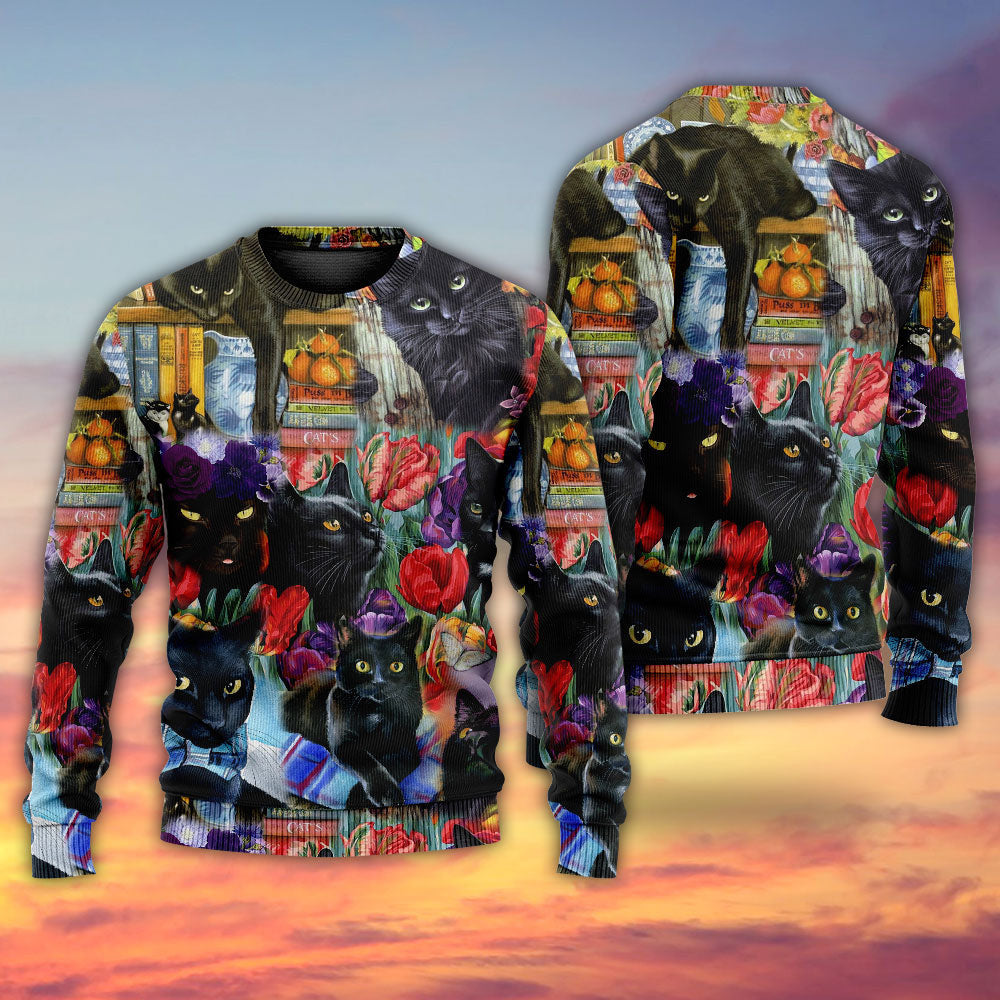 Black Cat Art With Flowers Ugly Christmas Sweaters