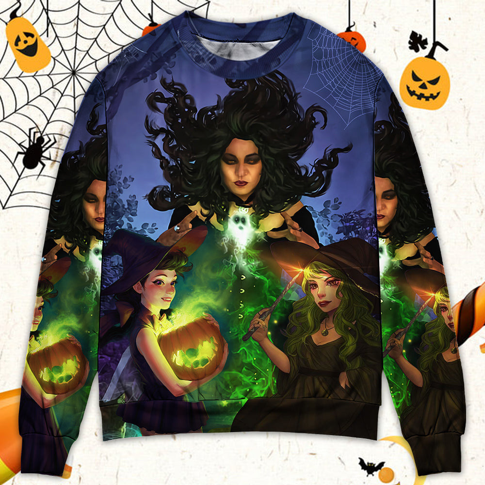 Halloween Magic Witch Ghost In The Dark Forest Art Style Ugly Christmas Sweaters