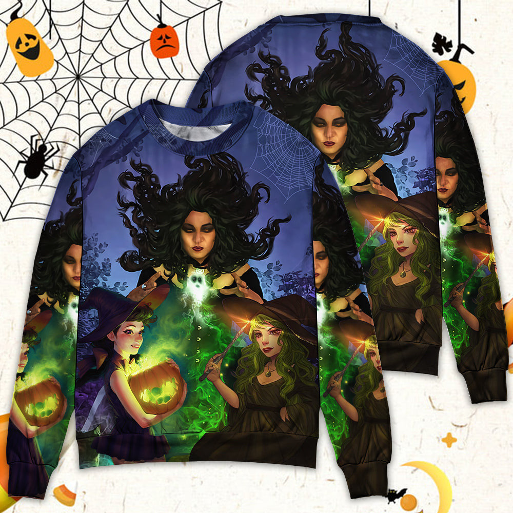 Halloween Magic Witch Ghost In The Dark Forest Art Style Ugly Christmas Sweaters