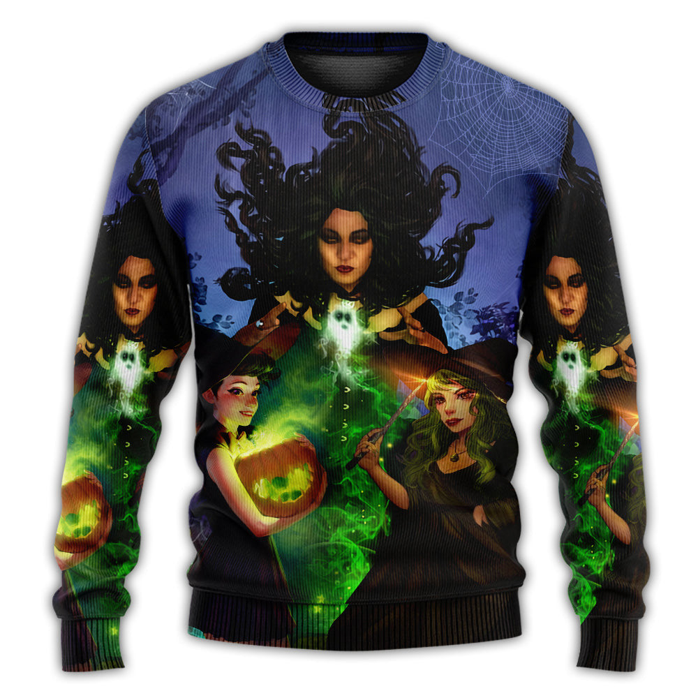 Halloween Magic Witch Ghost In The Dark Forest Art Style Ugly Christmas Sweaters