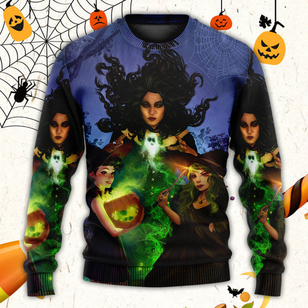 Halloween Magic Witch Ghost In The Dark Forest Art Style Ugly Christmas Sweaters