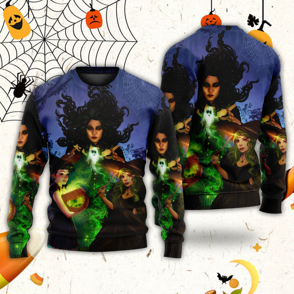 Halloween Magic Witch Ghost In The Dark Forest Art Style Ugly Christmas Sweaters