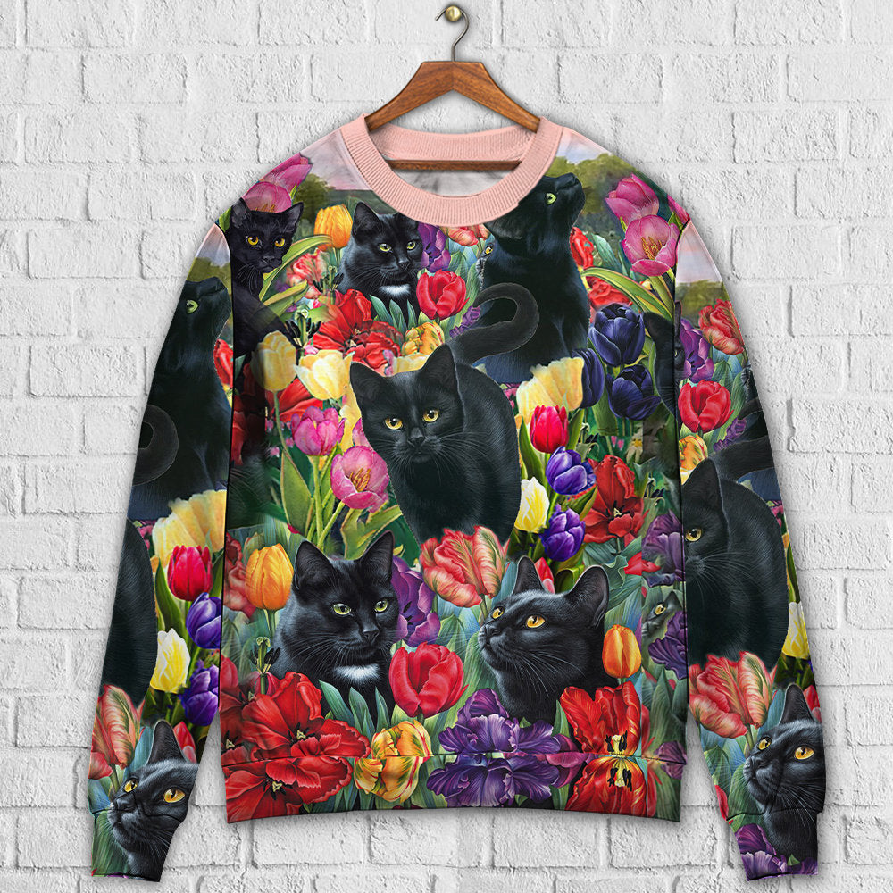 Black Cat Love Flowers Colorful Ugly Christmas Sweaters