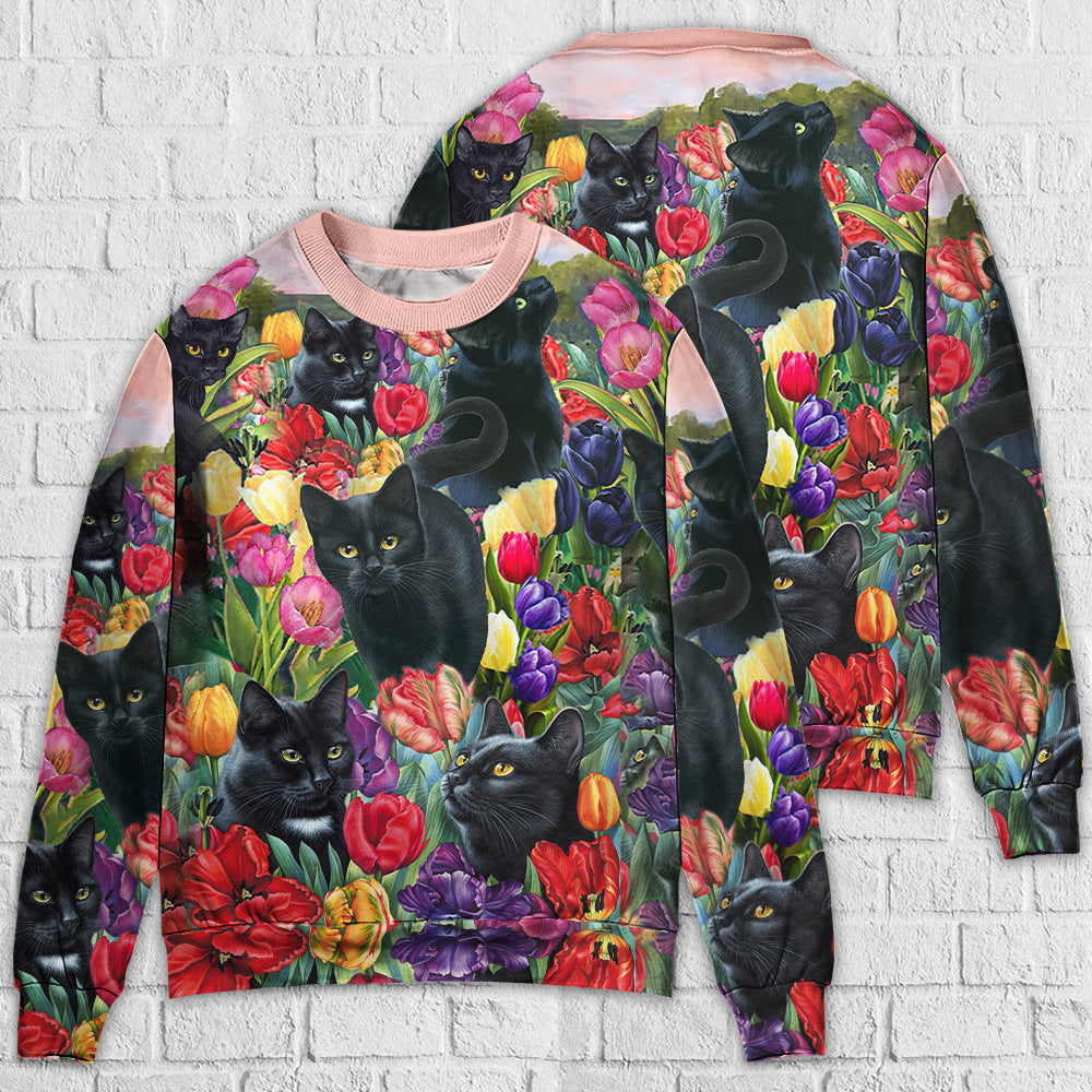 Black Cat Love Flowers Colorful Ugly Christmas Sweaters