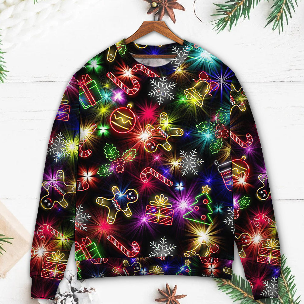 Christmas With Tree And Gift Cookies Gingerbread Man Neon Style New Ugly Sweaters
